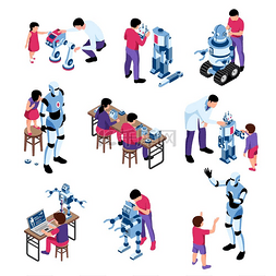 玩安卓手机图片_一组孤立的等距机器人儿童教育图