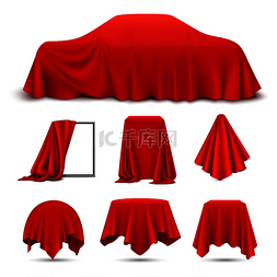 红色高端汽车海报图片_红色丝绸布覆盖的物体逼真的设置