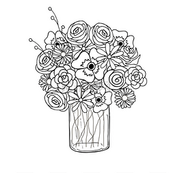 罐子素描图片_在罐子里涂鸦可爱的花。单色素描