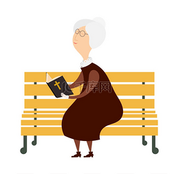 公园长椅上读圣经的尊贵老妇人。
