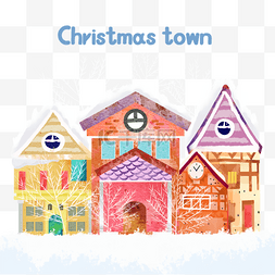 天空扁平图片_水彩风格圣诞小镇彩色房子