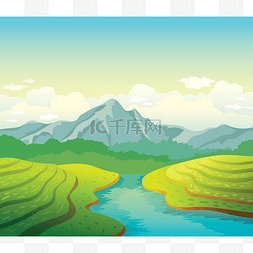 手绘绿色背景图片_夏日风景与场、 河流和山脉.