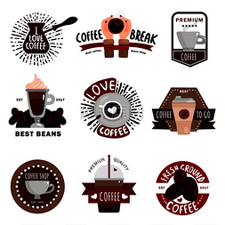 咖啡生产平面彩色标志徽章和标签