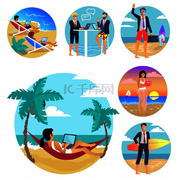 冲浪海报背景元素图片_商务旅行假期海报，海边休息的人