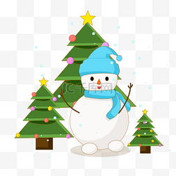 卡通风格可爱的圣诞树与雪人