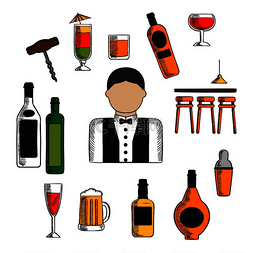 酒保职业图标与吧台、酒瓶和振动