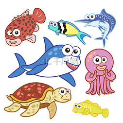 海洋卡通背景图片_具有白色背景的卡通海生动物