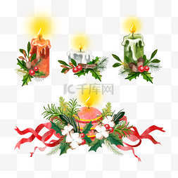 创意圣诞节日标签图片_圣诞水彩蜡烛卡片装饰