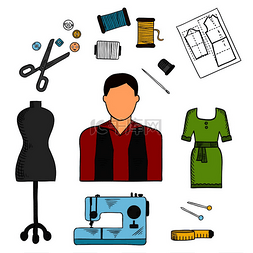 缝纫工具图片_具有缝纫工具符号的时装设计师用
