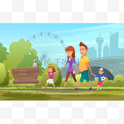 快乐的家庭在公园散步。绿色公园