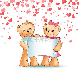 卡通放文字图片_快乐的泰迪熊一家拿着纸卷，爪子
