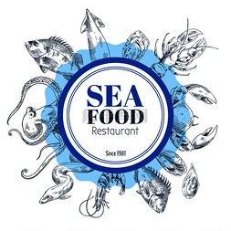 海生物图片_素描风格的海鲜餐厅圆形框架配有