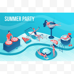 夏季休闲背景图片_泳池派对等轴测 3d 插图与卡通人