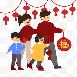 扁平一家四口新年逛庙会