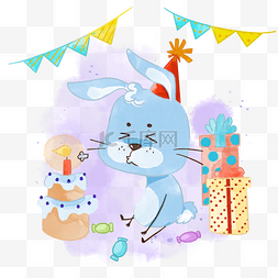 水彩卡通动物兔子生日吹蜡烛