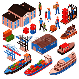 货船矢量图图片_海港等轴测设置与城市人码头建筑