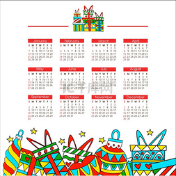 2018 年的日历。五颜六色的圣诞装