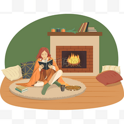 温暖图片_一个女孩在壁炉旁看书。舒适和温