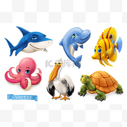 动物icon图片_有趣的海洋动物和鱼类。3D矢量图