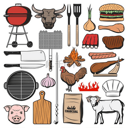烧烤图标、烧烤肉类食品和野餐汉