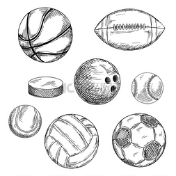 运动球图片_运动球和冰球素描与美式足球和足