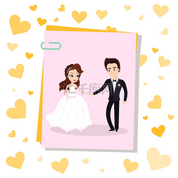 照片墙照片墙图片_夹子上的照片卡与幸福的新婚夫妇
