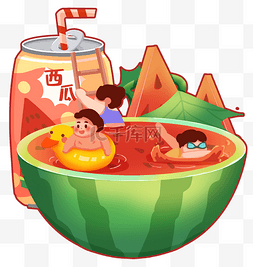 微景观场景图片_夏天创意在西瓜游泳夸张夏天