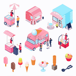 冰沙矢量图图片_等轴测图标集各种冰淇淋卡车供应