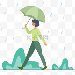 短头发的女孩雨中打伞插画