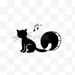 音乐创意图片_黑色侧卧小猫剪影打鼓