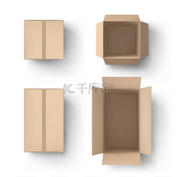 逼真的棕色盒子打开和关闭包裹纸