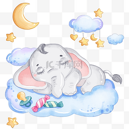 小动物图案图片_小象宝宝在云上睡觉卡通水彩画