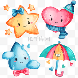 雨天雨滴爱心雨伞可爱水彩画
