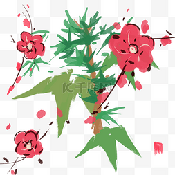 玫瑰花枝矢量图片_竹叶红梅植物插图新年节日日本水