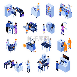 彩色等距科学实验室图标集与实验