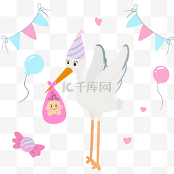 生日贺卡图片_卡通鹳与婴儿生日贺卡