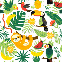 菠萝油手绘图片_无缝模式与热带动物 