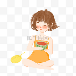 夏季蒲扇扇子图片_夏季大暑小暑女孩吃西瓜