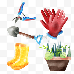 园艺工具集合水彩盆栽和铲子