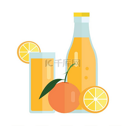 玻璃杯液体图片_装有橙色饮料的瓶子和玻璃杯平面