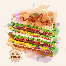 水彩汉堡或三明治。快餐食品素描