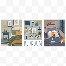 女人和狗睡在床上卧房室内手绘矢