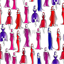 红色晚礼服图片_时尚无缝背景与素描图案的女性剪