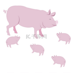 粉红猪与小猪矢量图孤立在白色背