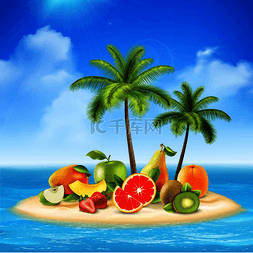 热带沙滩图片_新鲜水果概念背景与热带岛屿的组