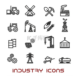 工业灯图片_工业和生态细线图标与油泵和油桶