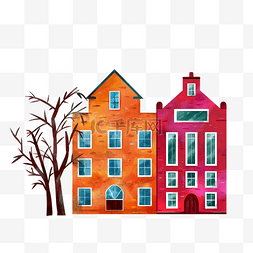 房屋背景插画图片_阿姆斯特丹房屋树木水彩