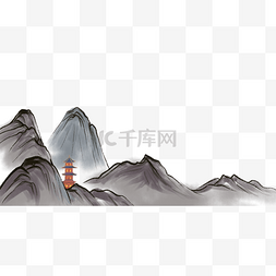 水墨印章秋分图片_水墨山峰建筑