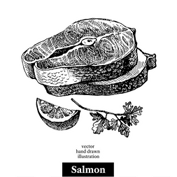 美食素描图片_手绘素描海鲜矢量黑白复古三文鱼