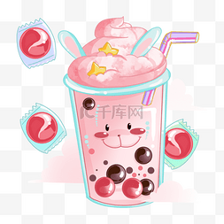 草莓草莓表情图片_粉色卡通可爱兔子泡泡奶茶表情